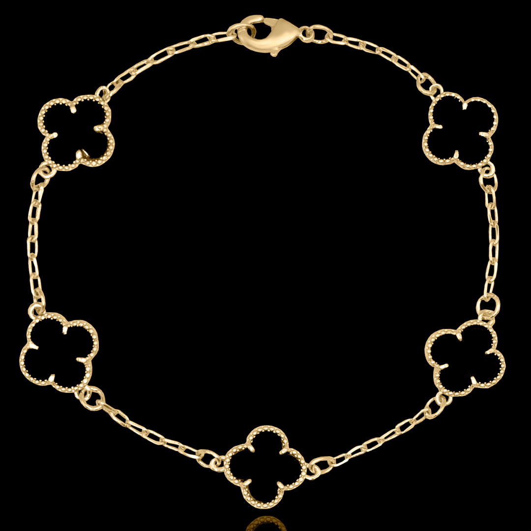 PULSEIRA 5 TREVOS BLACK BANHADO A OURO 24k